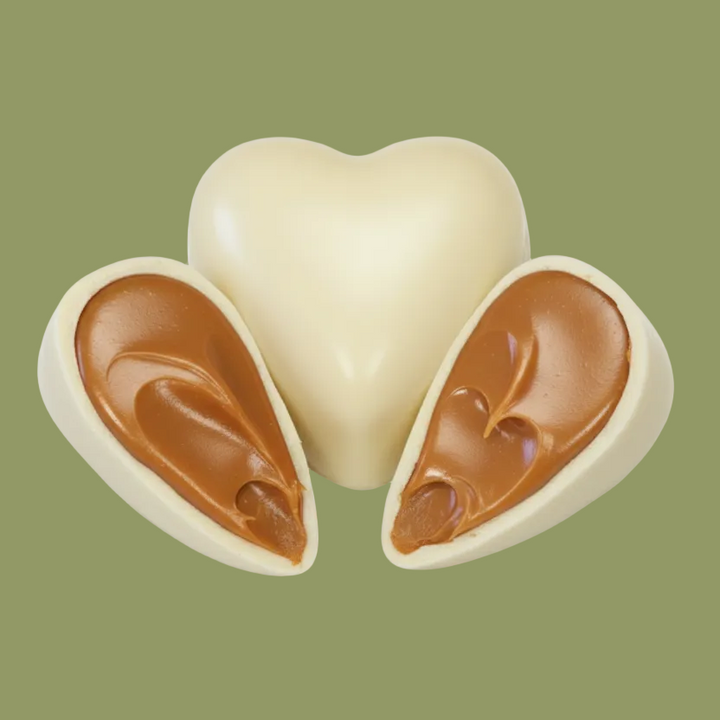 BOX I LOVE YOU 💝 Cuore ripieno crema CARAMELLO 750gr + 4 creme + barretta “LOVE” + dedica + extra scritta