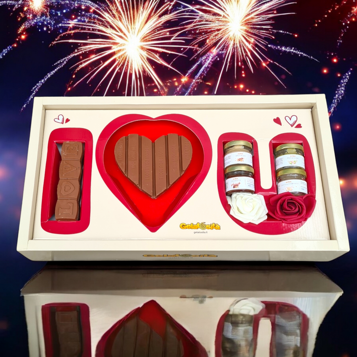 BOX TI-AMO 💋 Cuore ripieno+4 creme+1 barretta ripiena+rosa e dedica