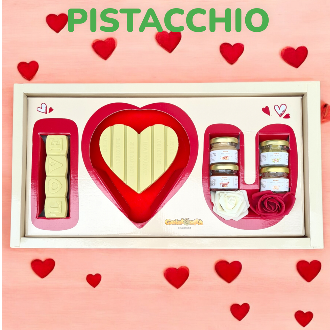 BOX TI-AMO 💋 Cuore ripieno+4 creme+1 barretta ripiena+rosa e dedica