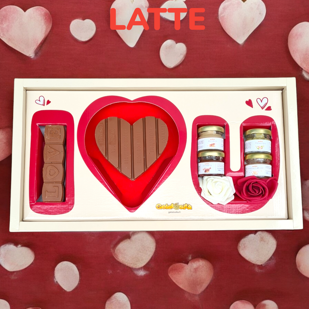 BOX TI-AMO 💋 Cuore ripieno+4 creme+1 barretta ripiena+rosa e dedica