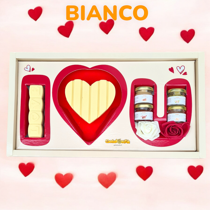 BOX TI-AMO 💋 Cuore ripieno+4 creme+1 barretta ripiena+rosa e dedica