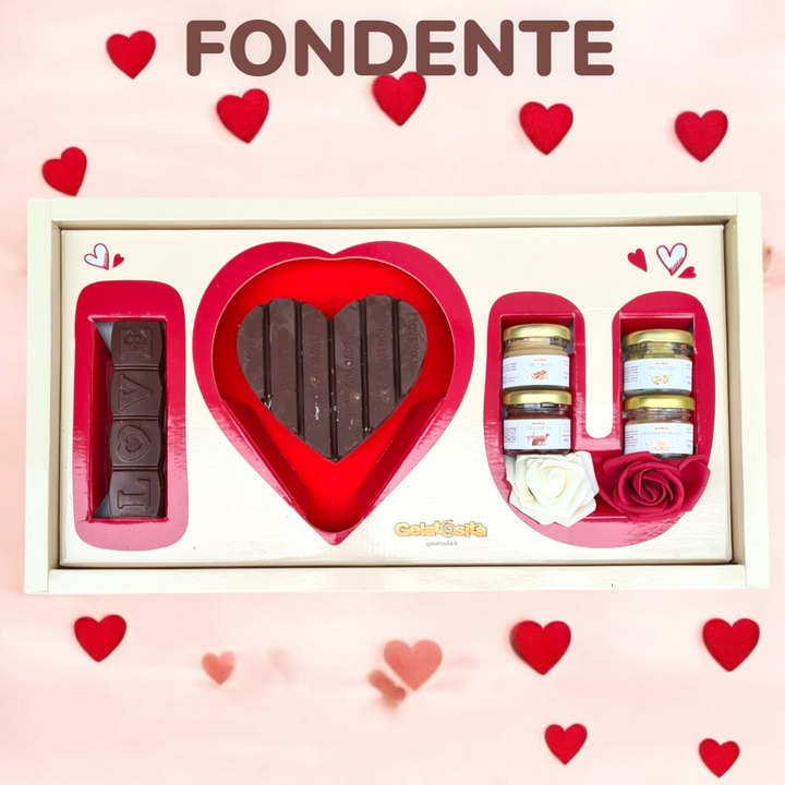 BOX TI-AMO 💋 Cuore ripieno+4 creme+1 barretta ripiena+rosa e dedica