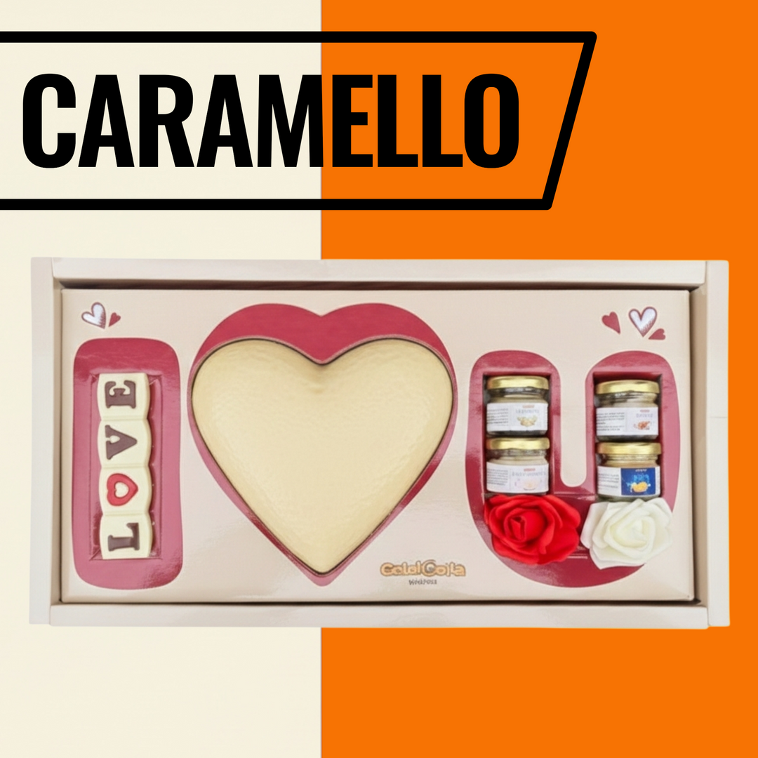 BOX I LOVE YOU 💝 Cuore di cioccolato ripieno crema CARAMELLO 750gr
