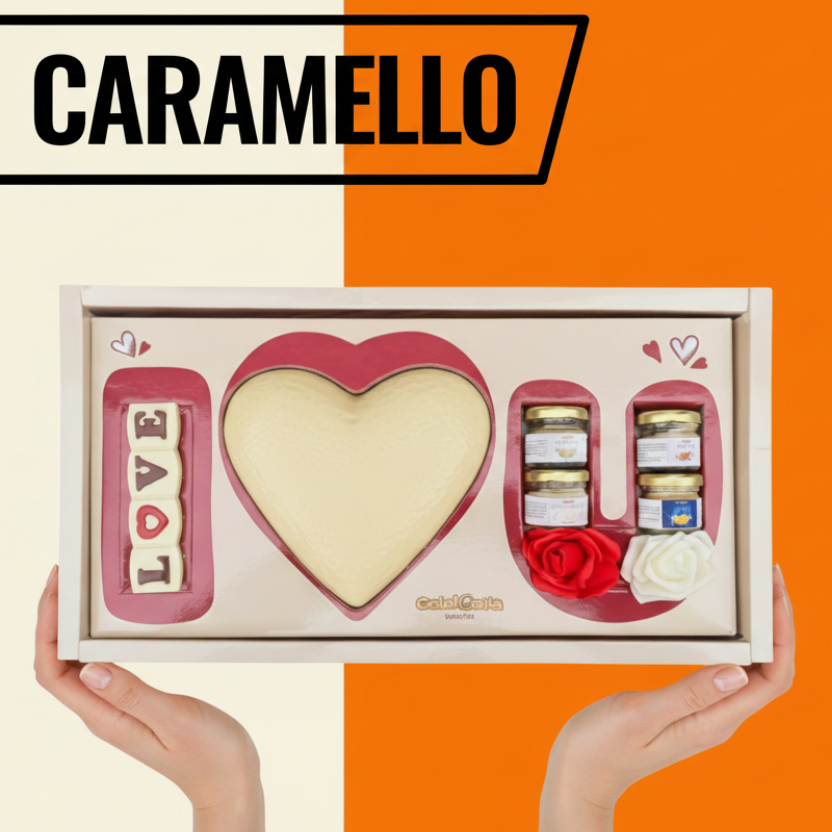 BOX I LOVE YOU 💝 Cuore di cioccolato ripieno crema CARAMELLO 750gr