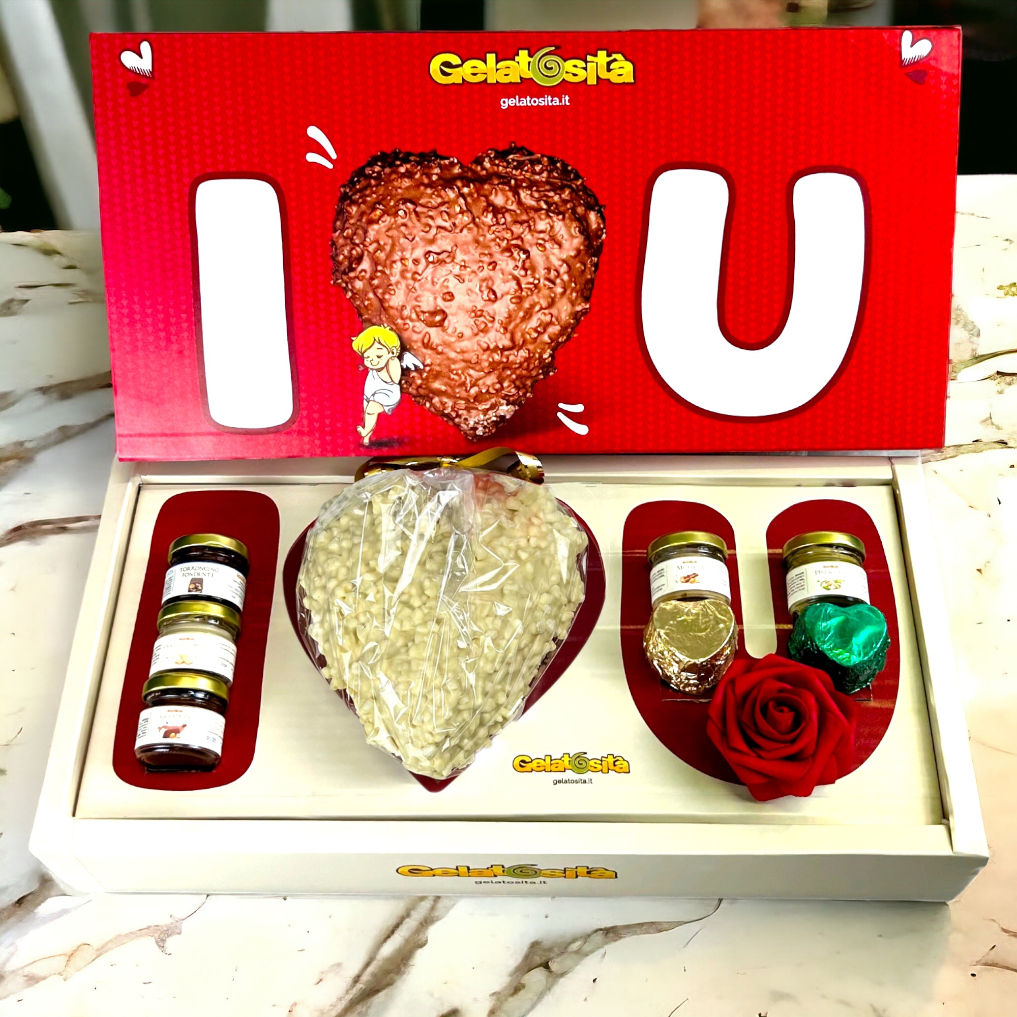 BOX I-LOVE-YOU cuore Bianco ripieno + 5 creme + 2 cioccolatini + rosa e dedica (Lim. Edition)