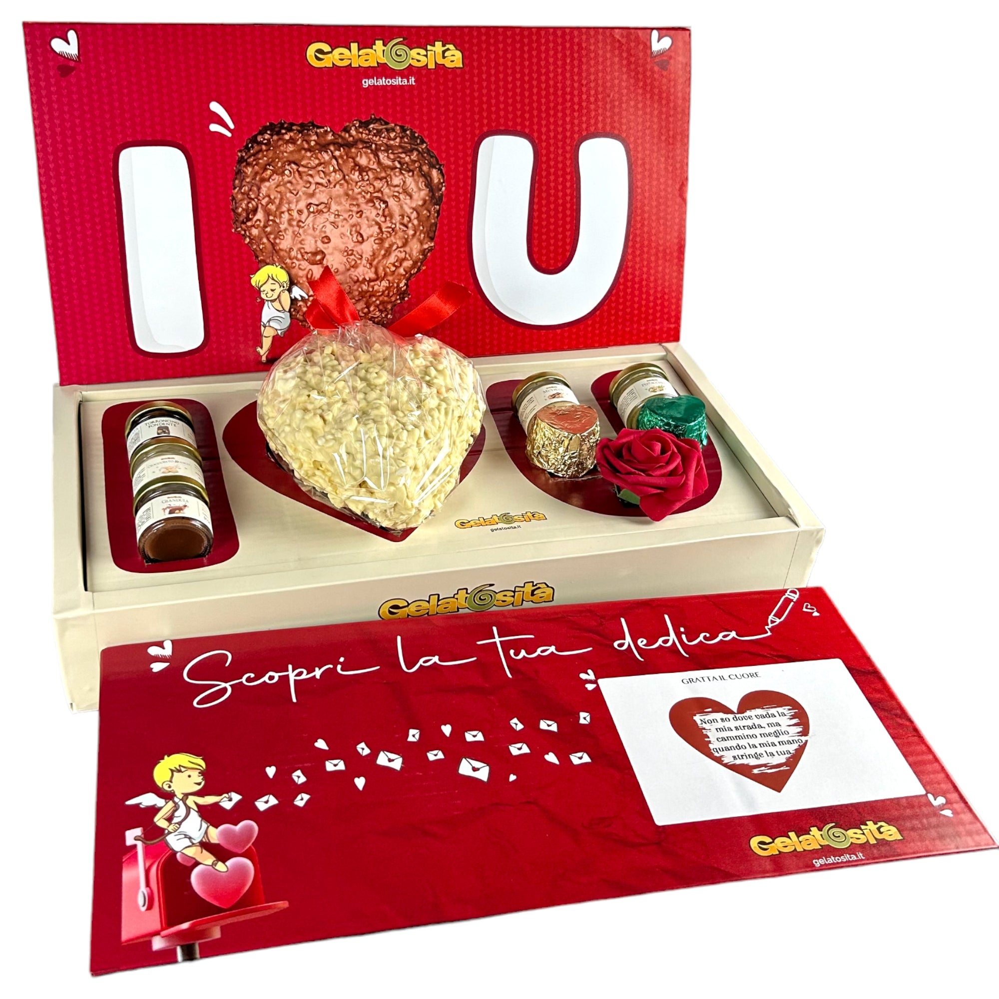 BOX I-LOVE-YOU cuore Bianco ripieno + 5 creme + 2 cioccolatini + rosa –  Gelatosità