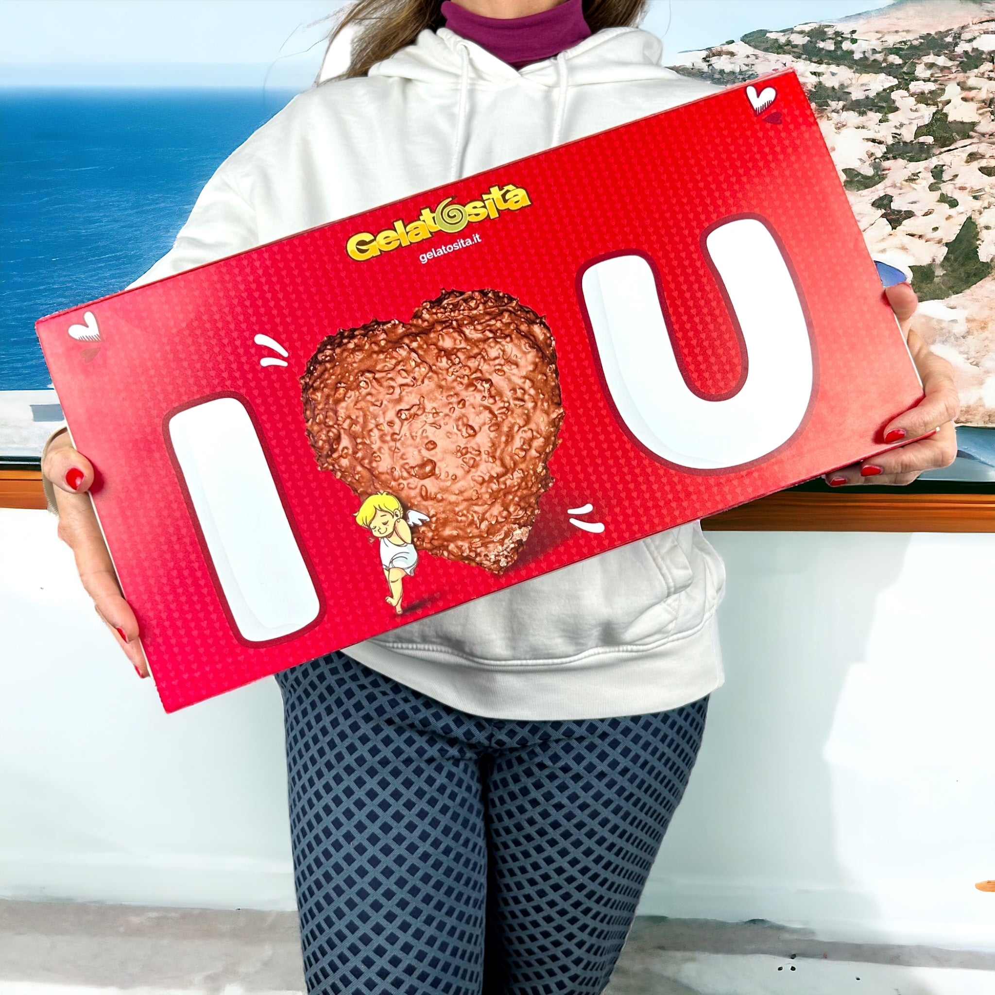 BOX I-LOVE-YOU cuore Fondente ripieno + 5 creme + 2 cioccolatini + rosa e dedica (Lim. Edition)