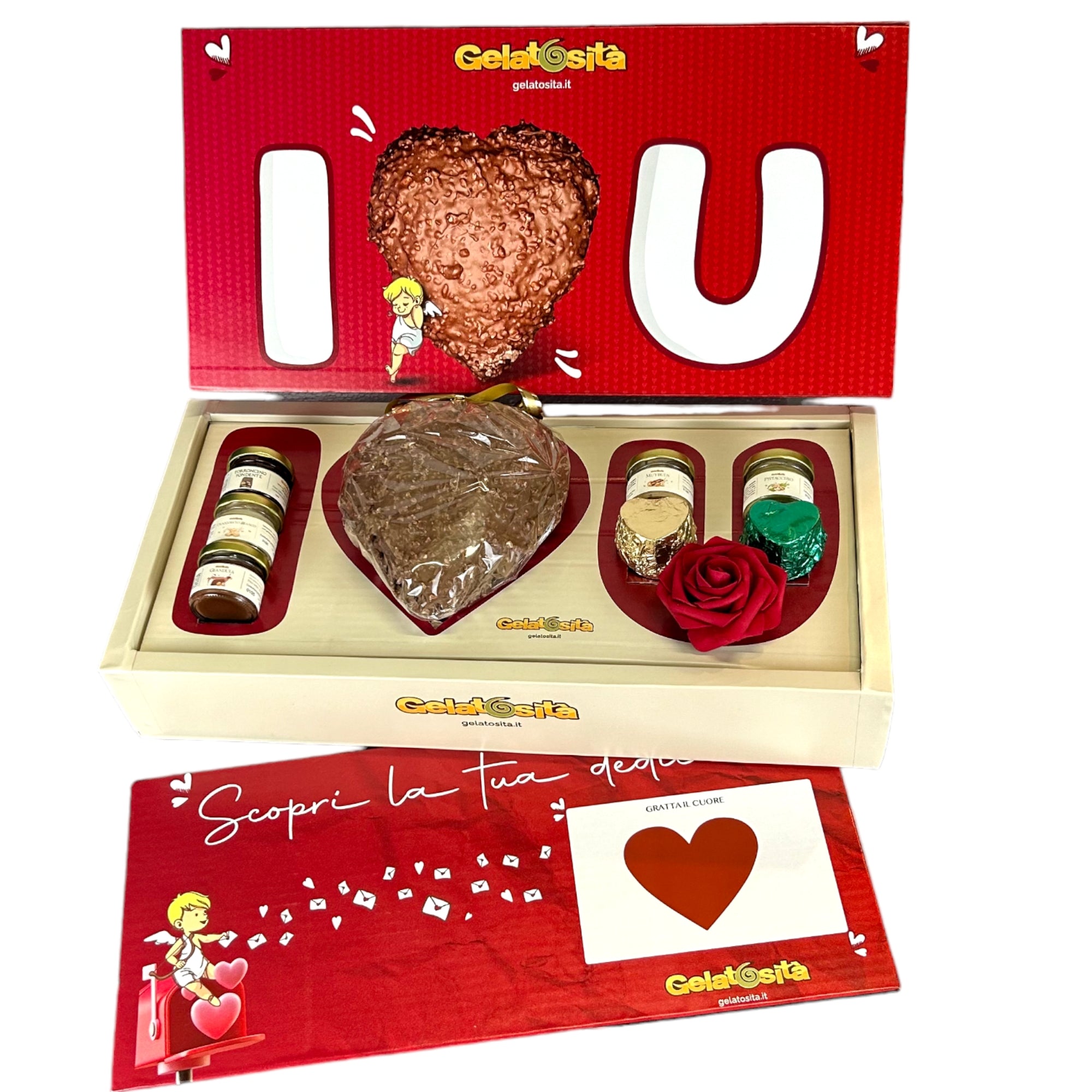 BOX I-LOVE-YOU cuore Latte ripieno Muybuen + 5 creme + 2 cioccolatini + rosa e dedica (Lim. Edition)