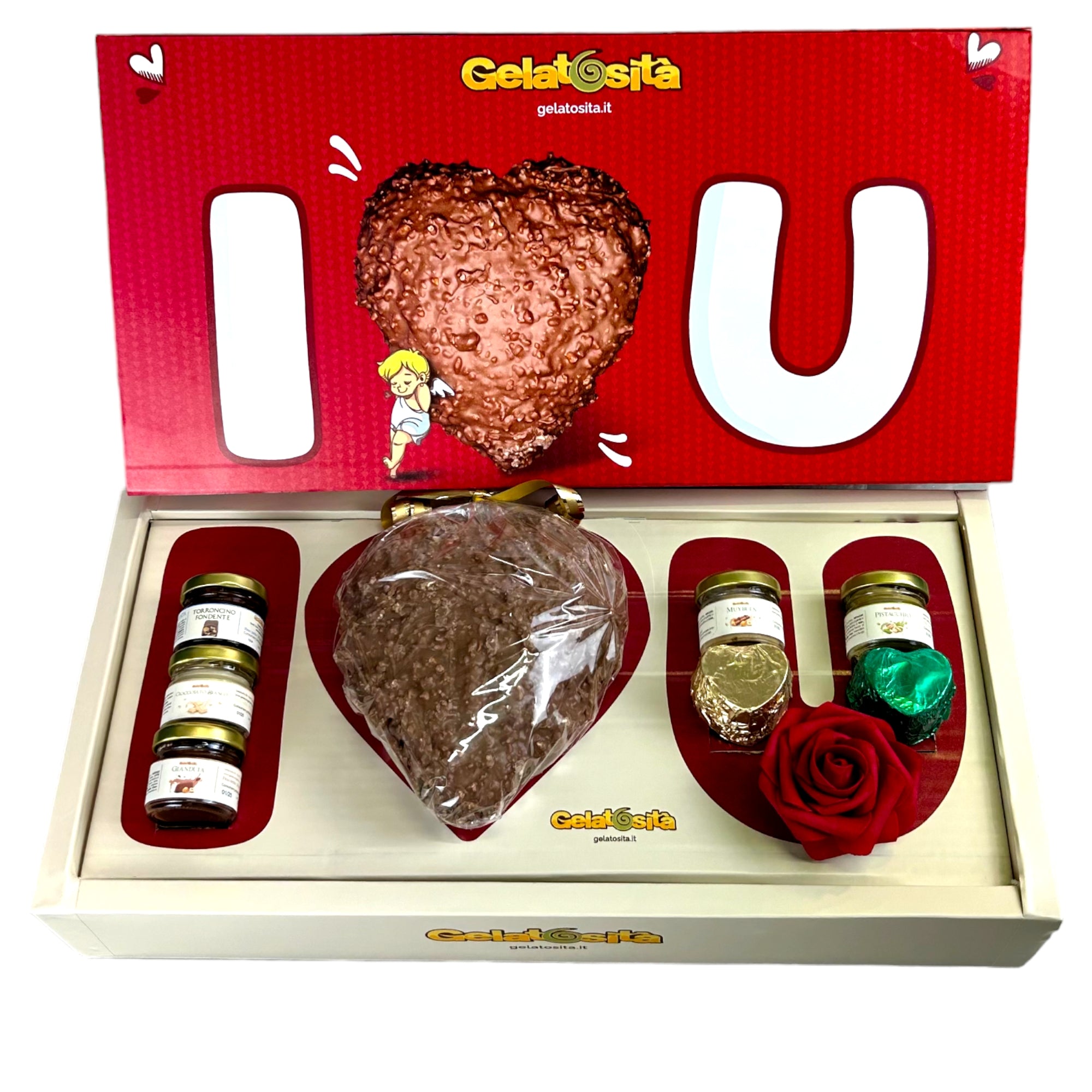 BOX I-LOVE-YOU cuore Fondente ripieno + 5 creme + 2 cioccolatini + ros –  Gelatosità