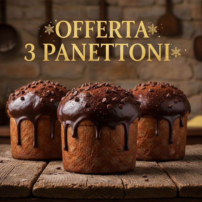 GENERA IMMAGINE DI 3 PANETTONI SIMILI CON COPERTURA A CIOCCOLTO SOPRA UN TAVOLO CON UNA SCITTA SUL LATO SUPERIORE CHE DICE: "OFFERTA 3 PANETTONI"