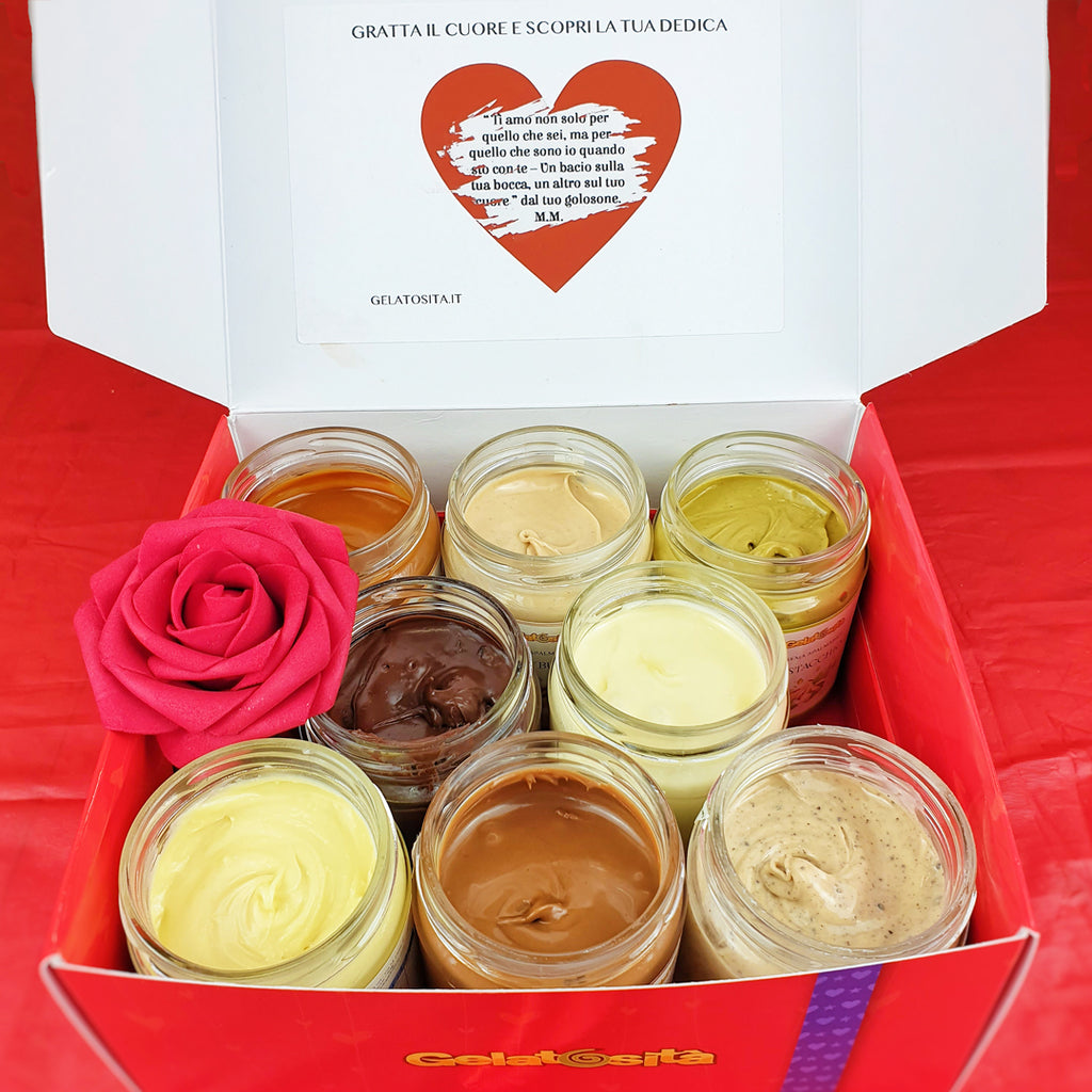 BOX I-LOVE-YOU cuore Fondente ripieno + 5 creme + 2 cioccolatini + ros –  Gelatosità